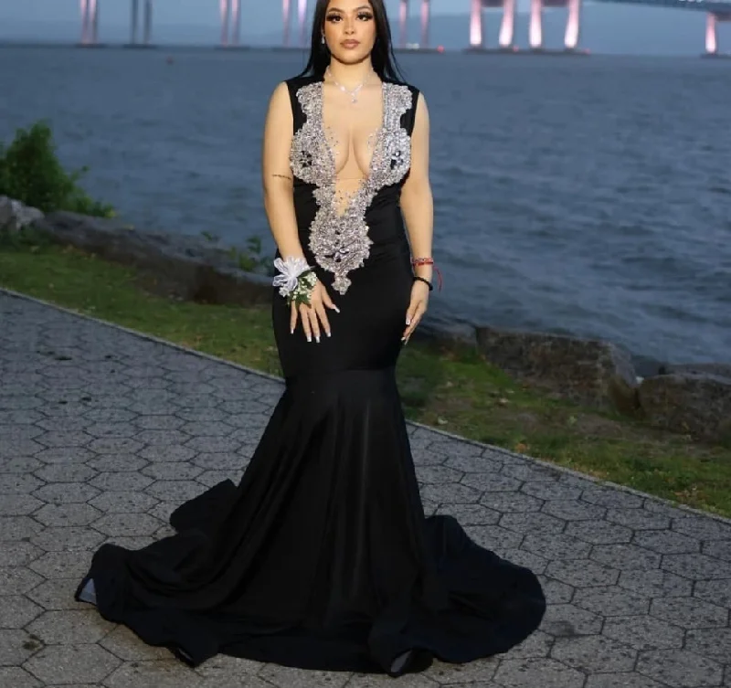 Women's Boat-Neck DressesSexy Black Velvet Mermaid Prom Dress For Black Girls 2024 Silver Rhinestone Beaded Party Gala Gown Robes De Soiree