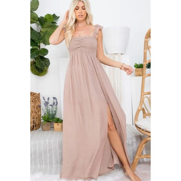 Women's Sweetheart-Neck DressesSand Ruffle Sleeve Solid Smocked Long Full Length Relaxed Fit Maxi Casual Dress