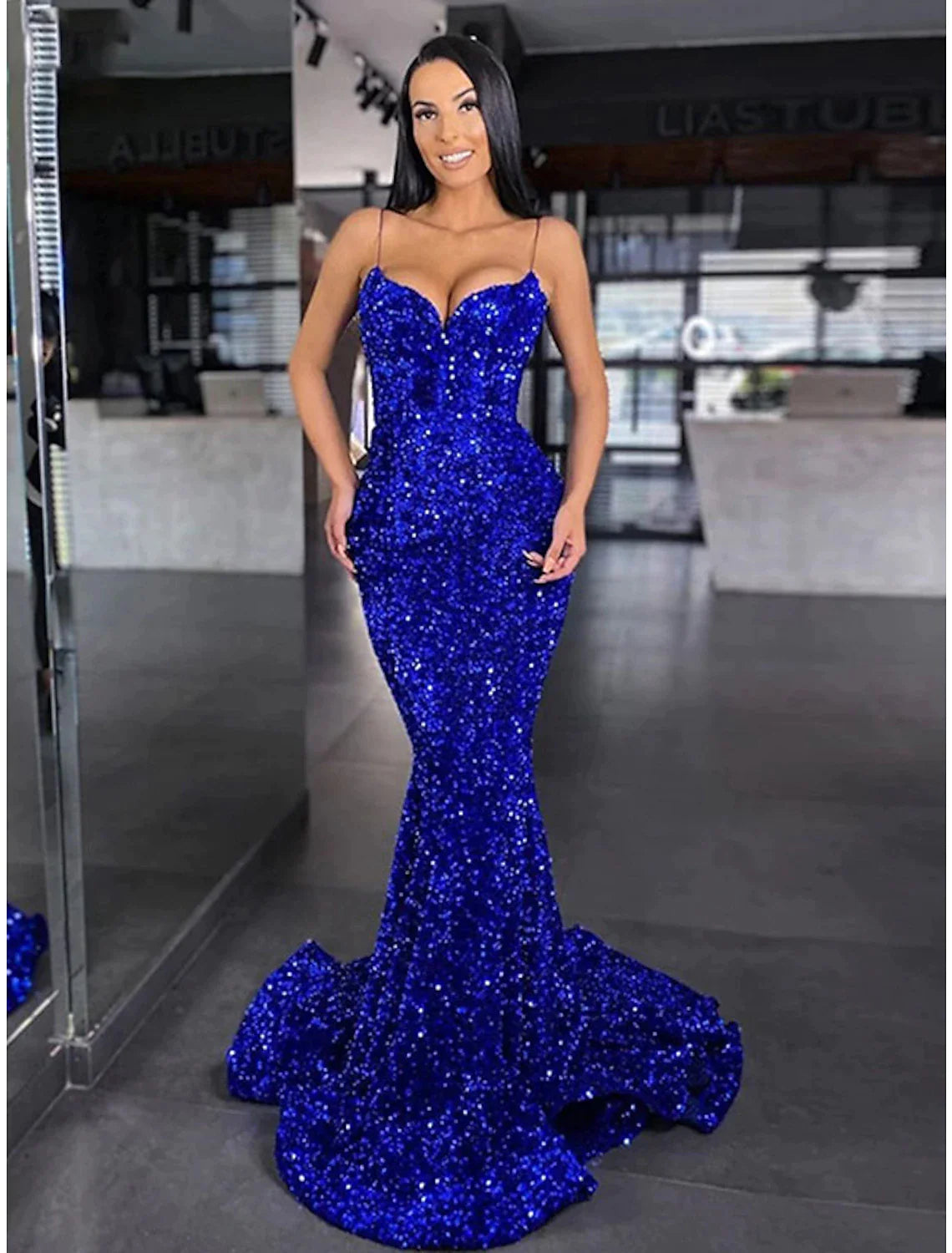 Women's Shirt Collar DressesMermaid / Trumpet Prom Dresses Maxi Dress Masquerade Sweep / Brush Train Sleeveless Spaghetti Strap Sequined Backless with Sequin