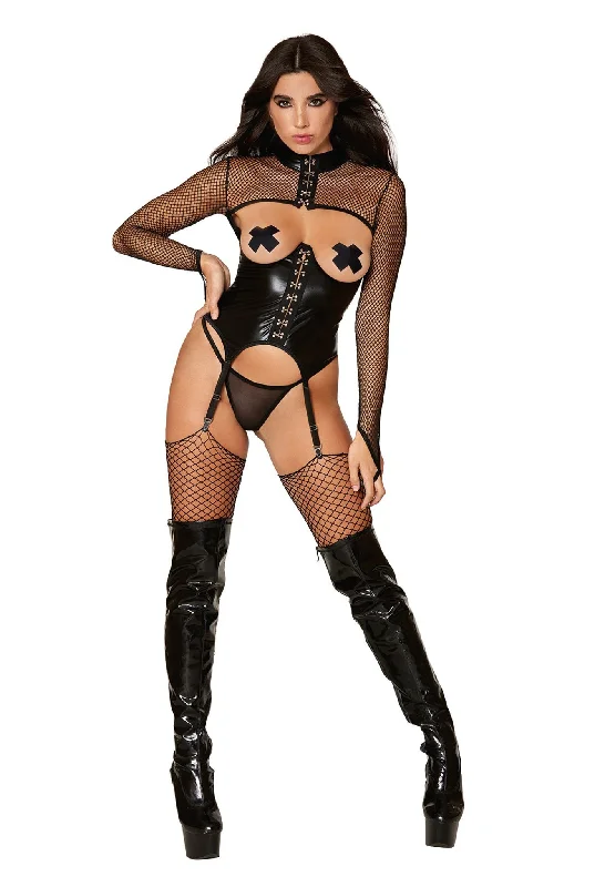 women's pajamas for travelFaux-leather open-cup bustier and mesh G-string set