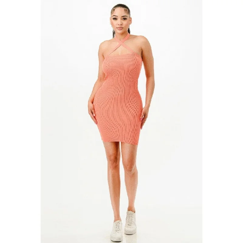 Women's Keyhole Collar DressesSleeveless Peach Halter Neck Bodycon Dress