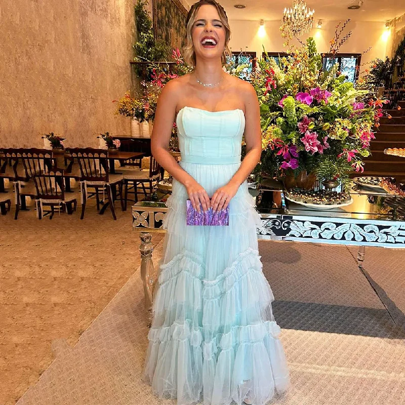  Women's A-Line DressesSky Blue Long Evening Dresses For Wedding Party A Line Night Banquet Gowns Tiered Formal Occasion Dress Robe de soirée