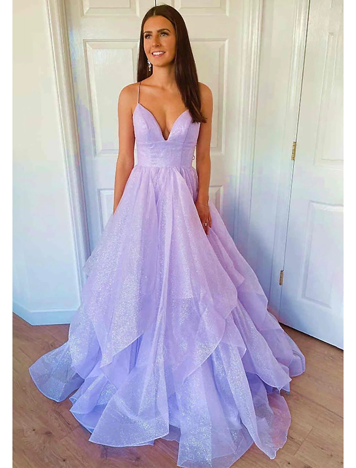 Women's Keyhole-Neck DressesBall Gown A-Line Prom Dresses Sparkle & Shine Dress Formal Wedding Party Floor Length Sleeveless Sweetheart Tulle Backless with Pleats Ruffles