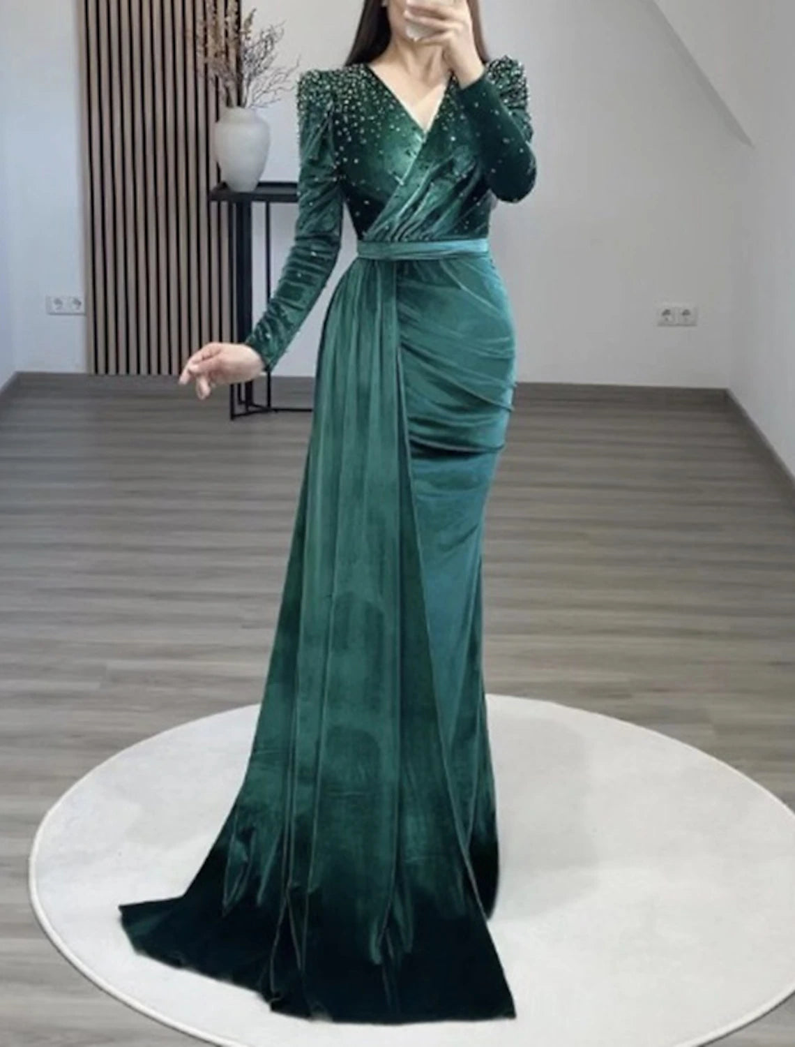 Women's Low-Neck DressesMermaid Party Dress Evening Gown Maxi Dress Formal Black Tie Gala Floor Length Long Sleeve V Neck Fall Wedding Guest Velvet with Ruched Pearls