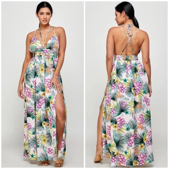 Women's Bodycon DressesPurple Tropical Floral Palm Vacation Cruise Summer Sexy Slit Maxi Halter Dress