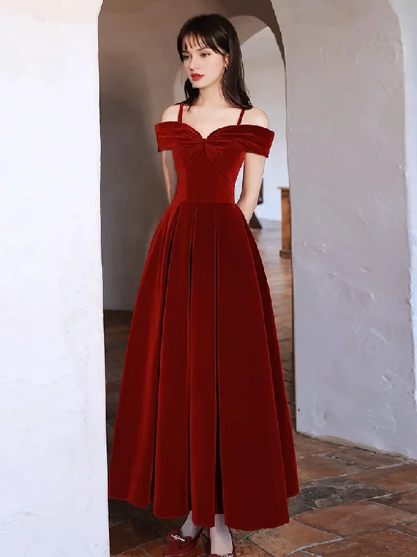 Women's Shawl Collar DressesFashion Simple Off Shoulder A-Line Tea Length Velvet Bow collar Prom Dress Temperament Elegant Party dress