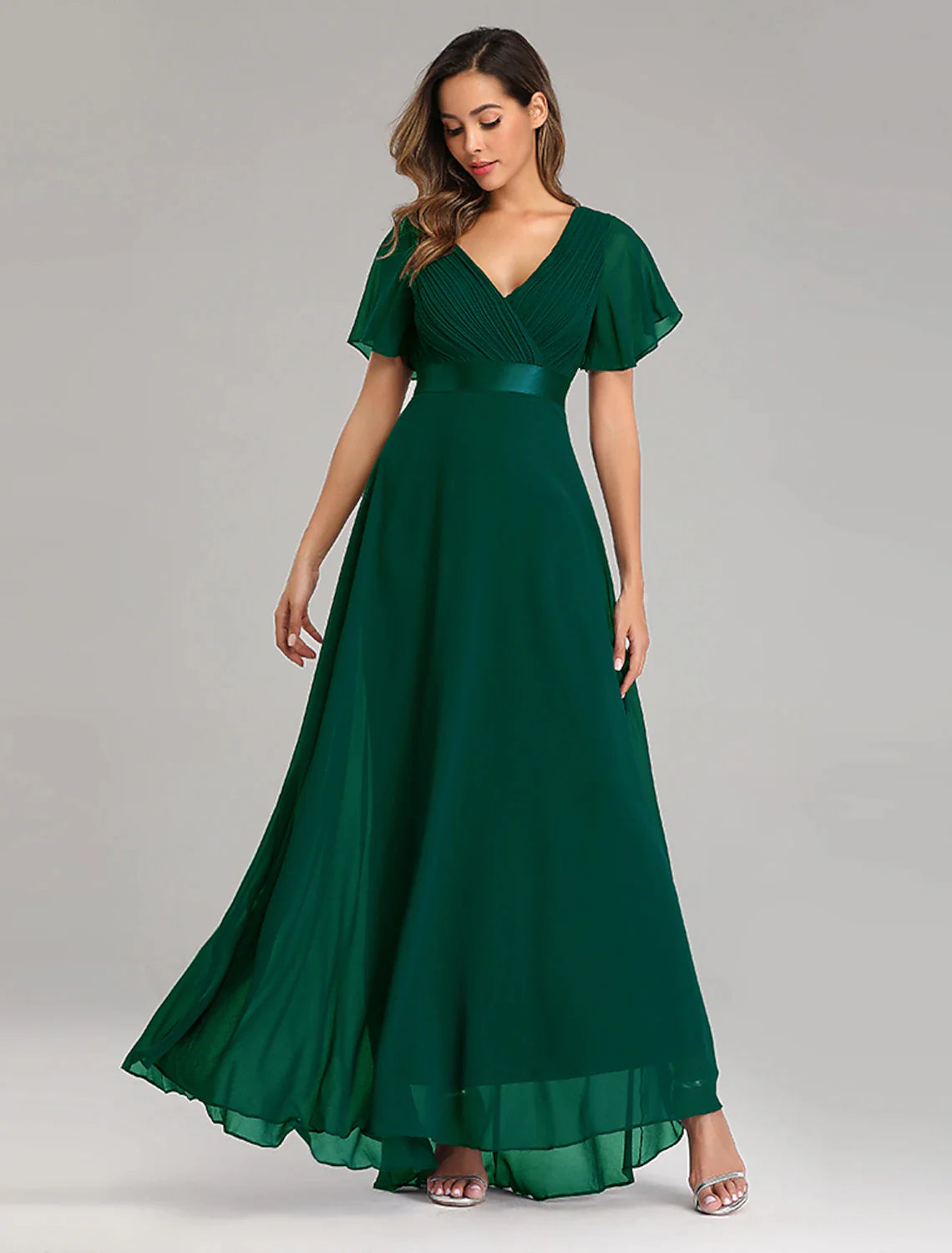 Women's Collarless DressesA-Line Prom Dresses Maxi Dress Graduation Floor Length Short Sleeve V Neck Chiffon V Back with Ruched Ruffles