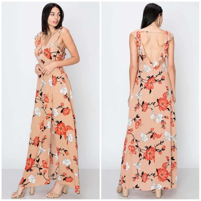 Women's Cold-Shoulder DressesTaupe Deep V Faux Wrap Floral Cherry Blossom Open Back Maxi Dress