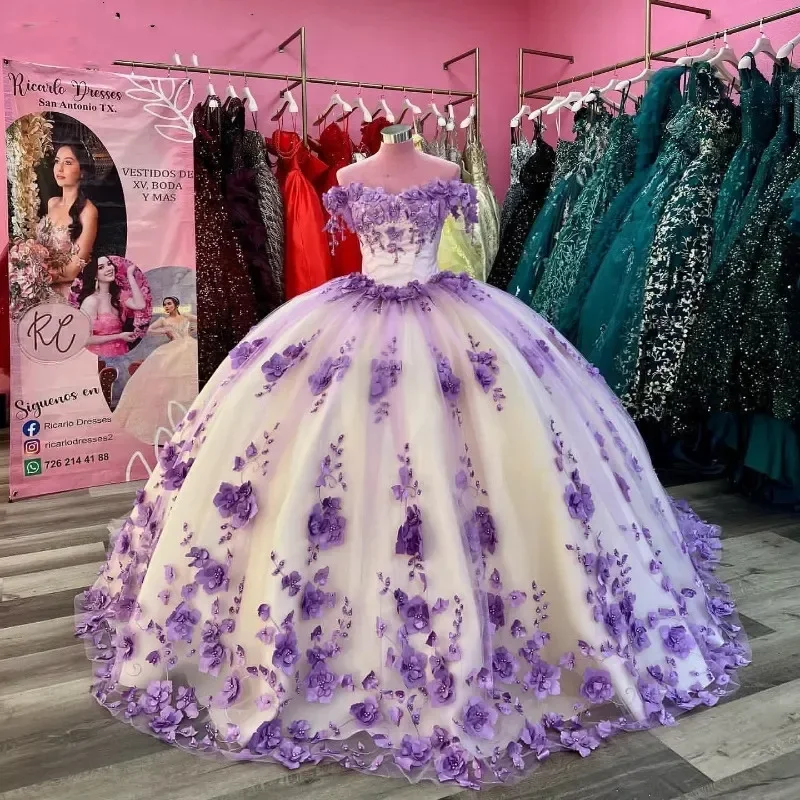 Women's Sleeveless DressesLavender Quinceanera Dresses Princess Sweet 16 Years Girl Birthday Party 3D Flowers Appliques Pearls Vestidos De Quinceañera