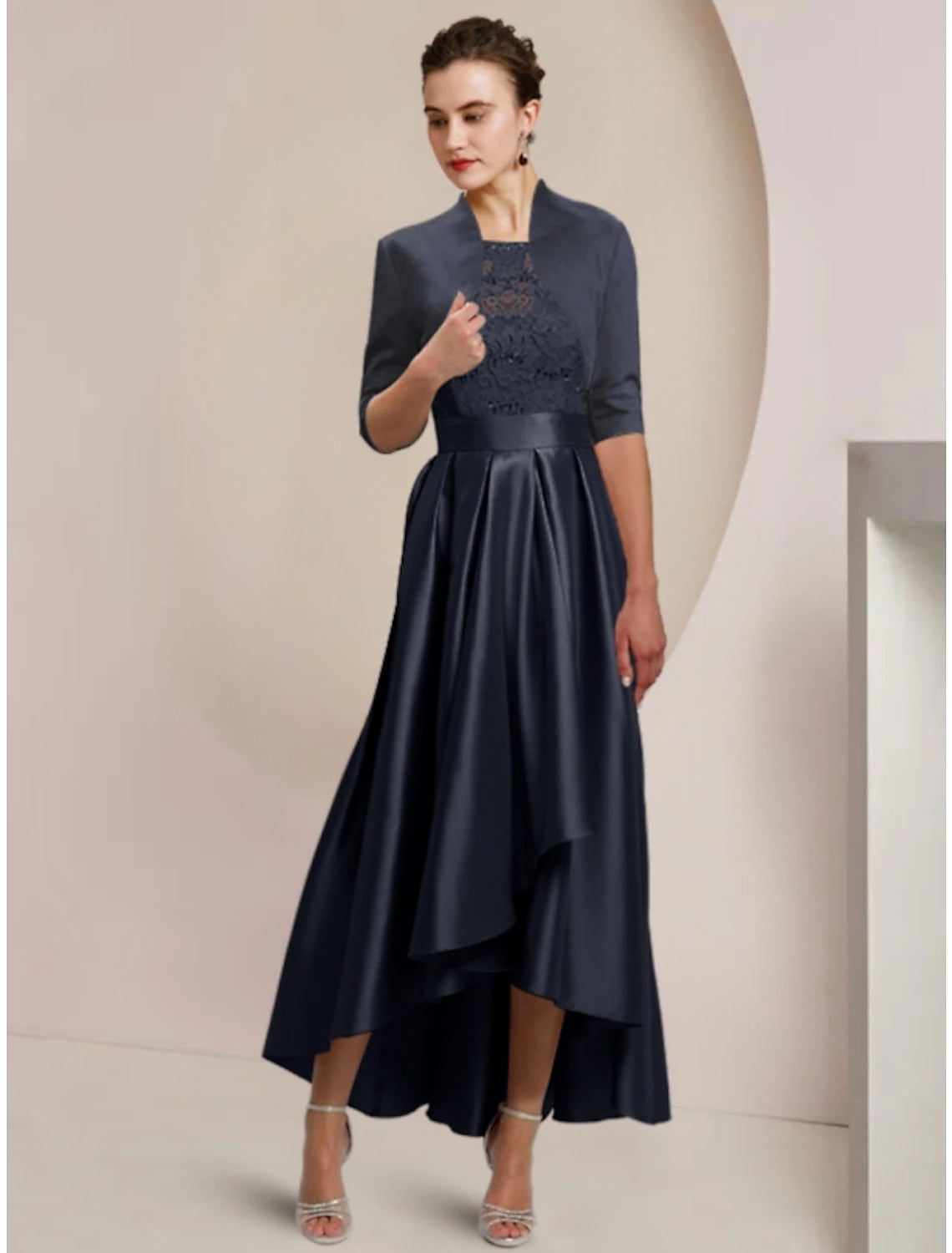 Women's Boat Collar DressesSheath / Column Mother of the Bride Dress Wedding Guest Minimalist Elegant Scoop Neck Asymmetrical Ankle Length Satin Lace Half Sleeve with Pleats Solid Color