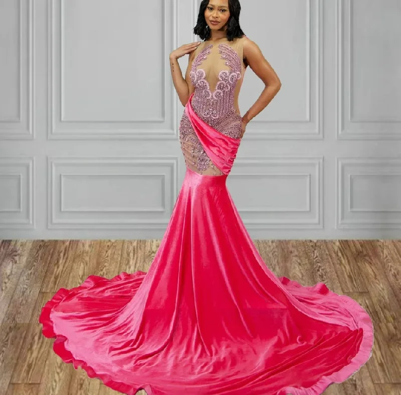 Women's Boat-Neck DressesHot Pink Velvet Rhinestone Luxury Prom Dress 2024 For Black Girls African Mermiad Birthday Party Dress Sexy vestido de gala