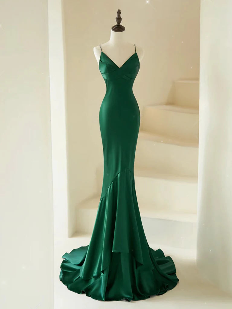 Women's Round-Neck DressesMermaid Cultivate oneself V Neck Satin Green Long Prom Dress Long Irregular Elegant Party dress