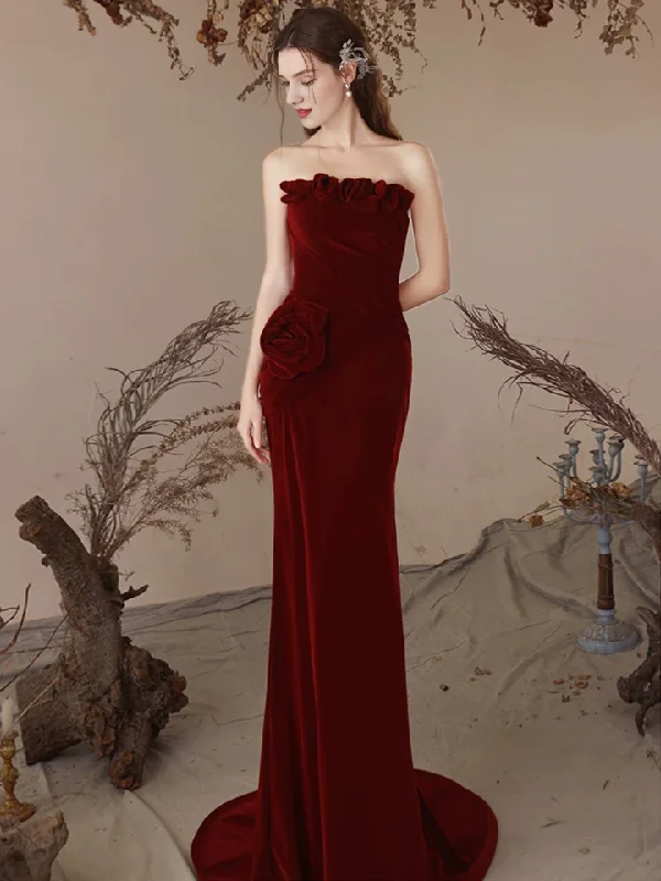 Women's Shawl Collar DressesElegant Unique Mermaid Velvet Long Prom Dress Burgundy Temperament strapless Party dress