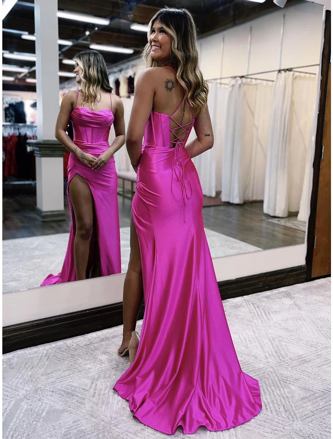 Women's Racerback DressesMermaid / Trumpet Prom Dresses Empire Dress Formal Wedding Party Sweep / Brush Train Sleeveless Spaghetti Strap Satin Backless with Pleats