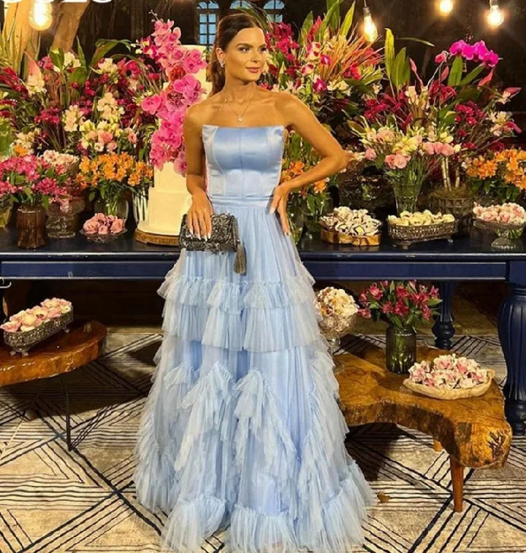 Women's V-Shaped Collar DressesSky Blue Party Dress Strapless A Line Prom Dress Tiered Ruffles Tulle Skirt Long Evening Dresses Floor Length