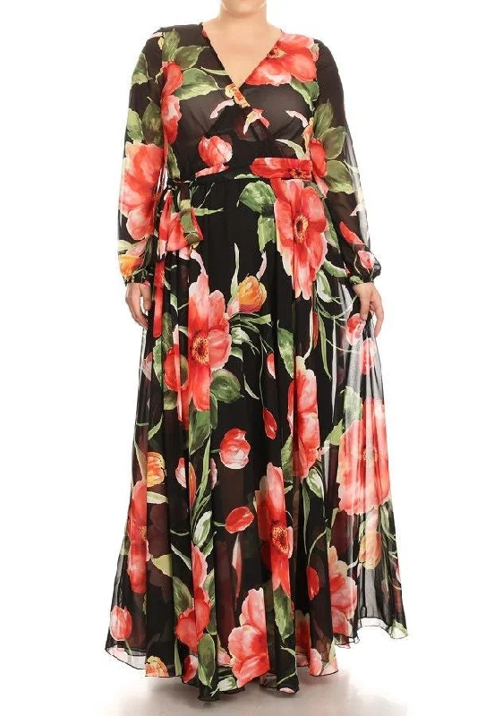 Women's Low Collar DressesPlus Maxi Dress Floral Tulip Chiffon Sheer Wrap Print Long Sleeve Wrap Sweep