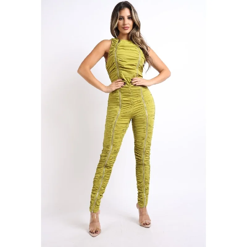 Women's Notched Collar DressesTrack Zipper Ruched Jumpsuit Ruffle Dress Bodycon Jumpsuit Chartreuse