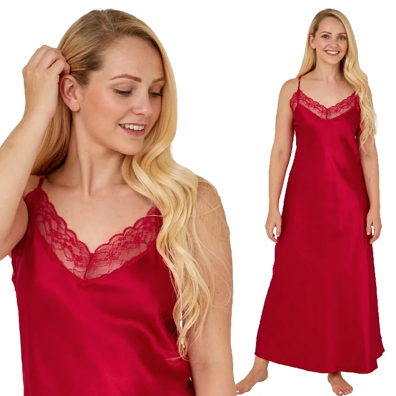 women's pajamas for a cozy night inLong Full Length Red Sexy Silky Satin Lace Nightdress Chemise Negligee PLUS SIZE