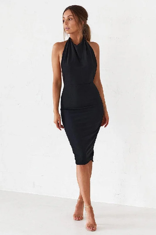 Women's Keyhole Collar DressesBackless Midi Dress - Black