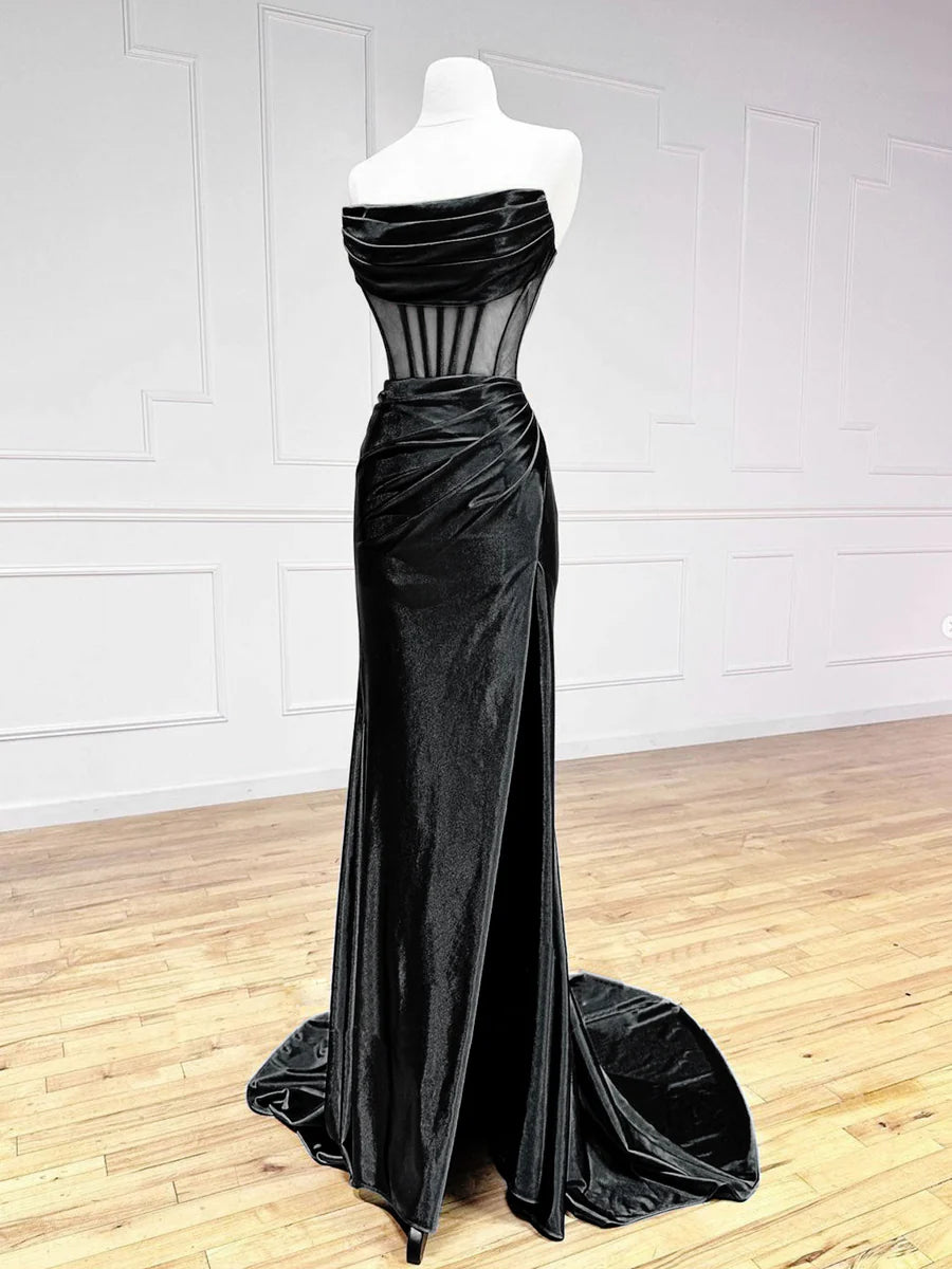 Women's Collarless DressesTemperament Simple Off the Shoulder Satin Black Long Prom Dress Strapless Split Fork Fashion Party dress