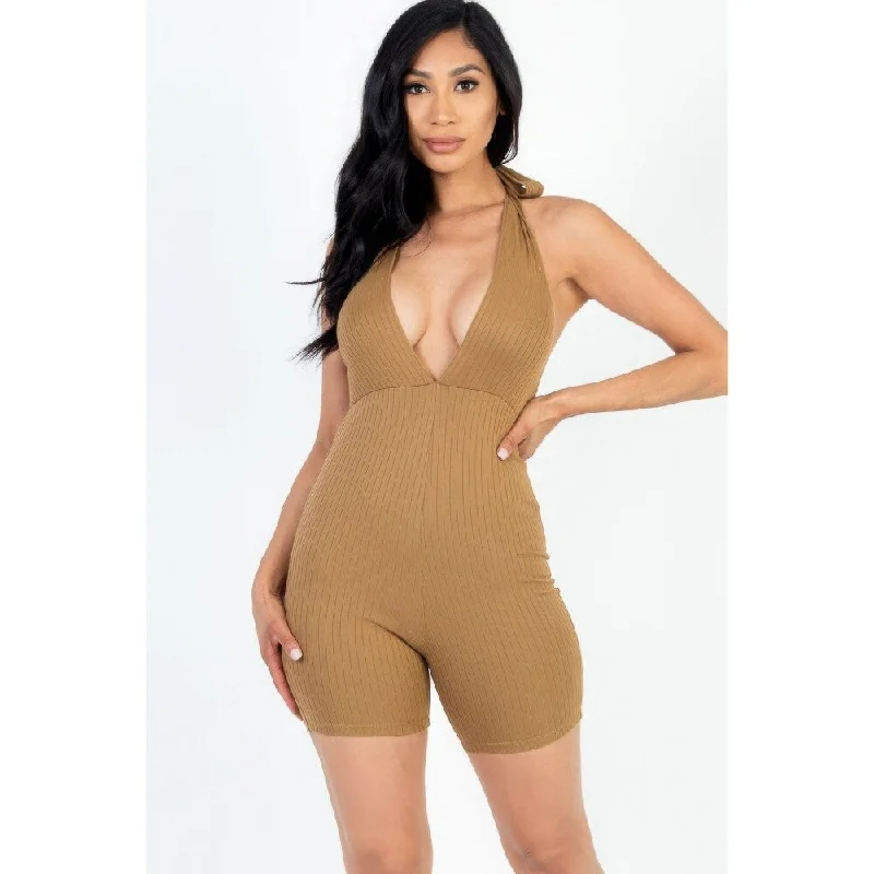 Women's Notched Collar DressesCasual Solid Halter V Neck Ribbed Bodycon Romper