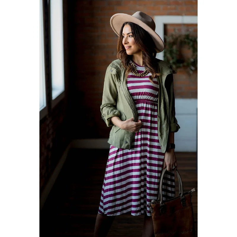 Women's Lapel Collar DressesMagenta Striped Midi Dress