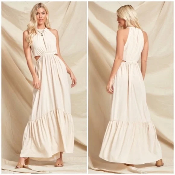 Women's One-Shoulder DressesBohemian Cream Solid Cut Out Waist Full Long Length Maxi Dress Women's