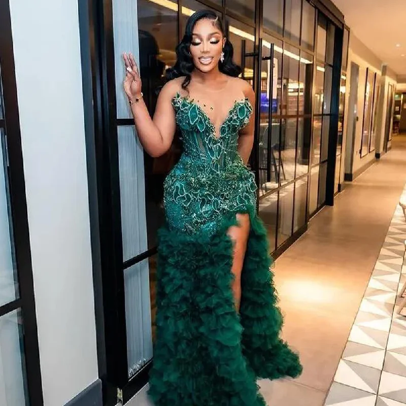 Women's Keyhole Collar DressesHunter Green Slit Prom Dresses With Sheer Neck Major Beads Tiered Bottom Luxury Mermaid Evening Gowns Aso Ebi Party Dress