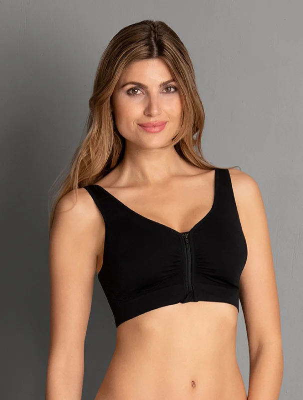 plus-size demi-cup bra with lace overlayLynn Post Mastectomy Zip Front Wireless Bra