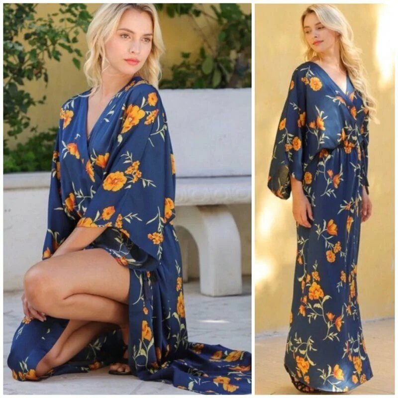 Women's Short-Sleeve DressesNavy Floral Kimono Tie Front Tassel Maxi Long Dress Womens Cocktail Party