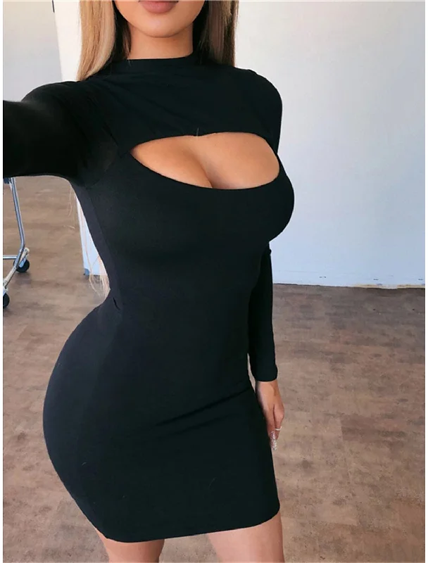 Women's Notched Collar DressesWomen‘s Little Black Dress Sexy Dress Party Dress Bodycon Mini Dress Red Rose Long Sleeve Cut Out Fall Winter Autumn Crew Neck Fashion Winter Dress Vacation