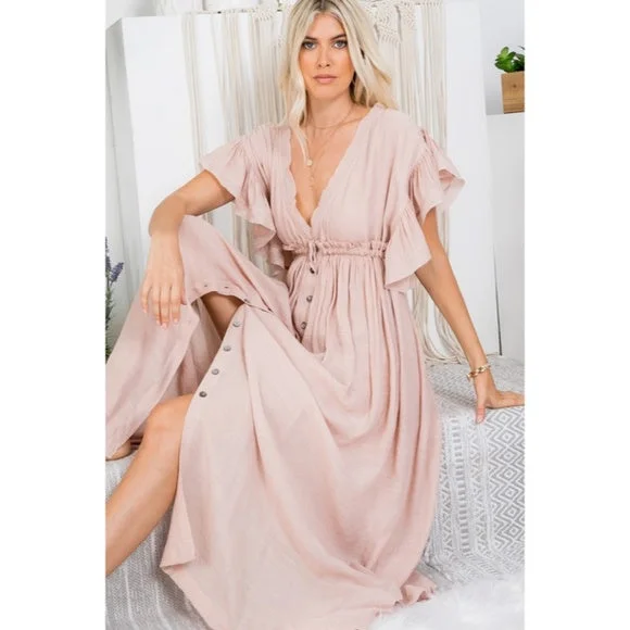 Women's Boat-Neck DressesNude Blush Gauze Boho Button Short Slv Deep V Woven Gathered Maxi Coverup Dress