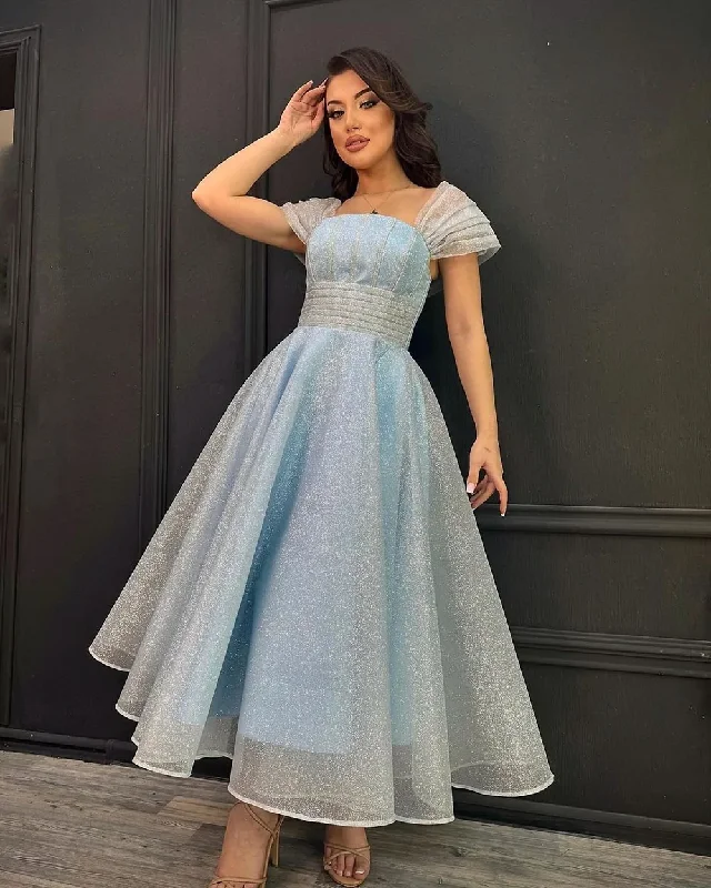 Women's Wide Collar DressesSky Blue Shiny Sequins Evening Dresses Arabic Women Off The Shoulder Pageant Tea Length Prom Gowns Formal Party Dress