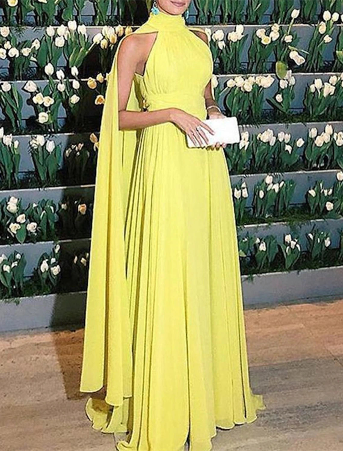 Women's Narrow-Neck DressesA-Line Evening Gown Maxi Dress Formal Wedding Guest Floor Length Sleeveless High Neck Capes Chiffon with Ruched