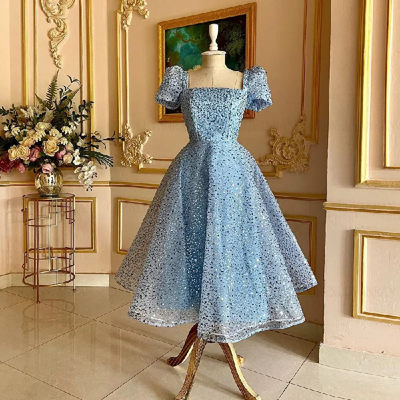 Women's Boat Collar DressesSky Blue Formal Occasion Dresses 2024 Shinny Short Sleeves A-line Party Dress Exquisite Sequin Evening Gowns فساتين مناسبة رسمية