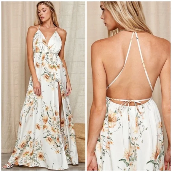 Women's Gathered DressesWhite Floral Print Halter Open Back Maxi Full Long Length Dress Gown W/ Slit