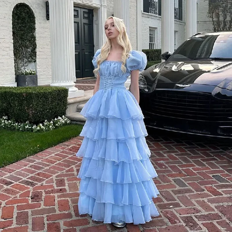 Women's Cut-Out DressesSky Blue Tiered Skirt Prom Dresses 15 Quinceanera Dresses Puff Short Sleeves Lace Up Formal Party Gowns Birthday Dress