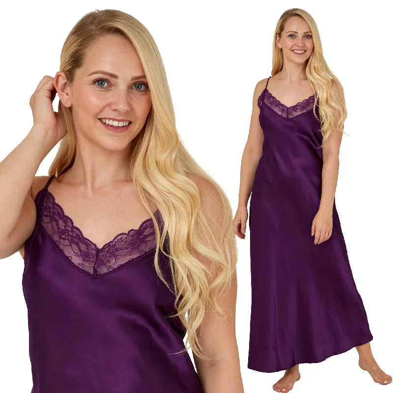 women's pajamas for those who love comfortLong Full Length Purple Sexy Satin Lace Nightdress Chemise Negligee PLUS SIZE