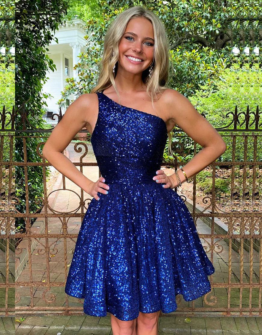 Women's Sweetheart-Neck DressesA-line Blue Sequin Mini Dress Backless Homecoming Dress