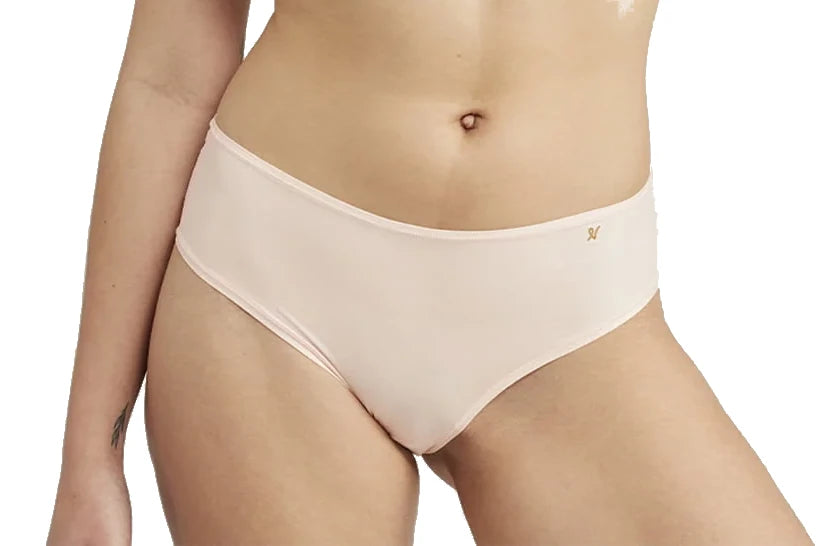 stretchable satin hipster panties with a lace trim for a luxurious feelLadies Blush Pink Made With Recycled Materials Stretch With Full Recovery Elastic Free Second Skin Mid Rise Waist Brief