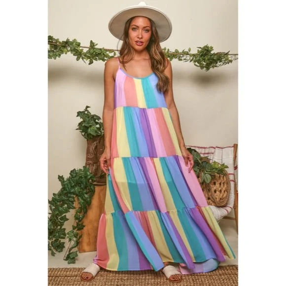 Women's Pencil DressesRainbow Colorful Multi Color Bright Striped Tiered Tie Shoulder Maxi Dress