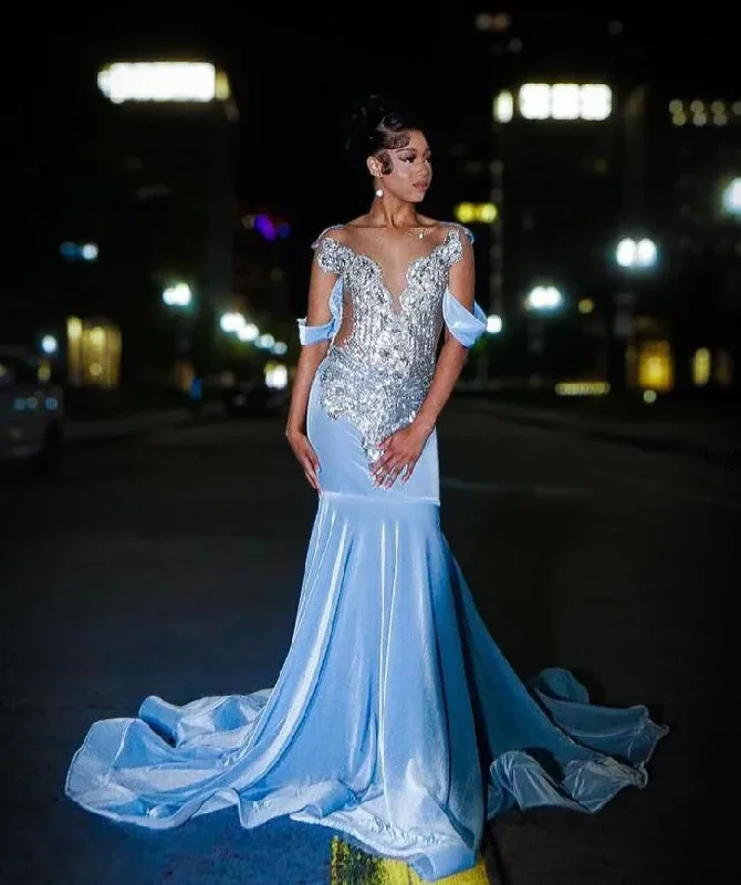 Women's Peter Pan Collar DressesIce Blue Sparkly Trumpet Long Prom Birthday Party Dresses for Black Girl Luxury Diamond Gillter Evening Gala Ceremony Dress