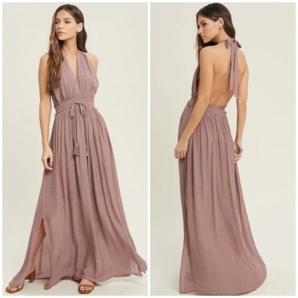 Women's Round-Neck DressesDark Mauve Solid Halter Smocked Waist Maxi Casual Boho Dress w/ Side Slits