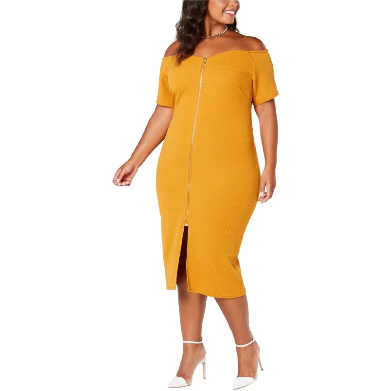 Women's Off-Shoulder DressesPlanet Gold Womens Zip Front Bodycon Dress, Yellow, 1X