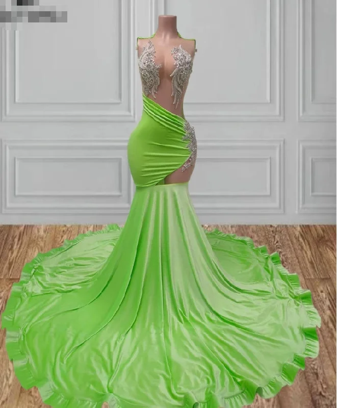 Women's Lapel Collar DressesIllusion Fluorescent Green Beaded Applique Mermaid Prom Dresses For Black Girl Gorgeous Luxury Evening Dress Wedding Party Gown