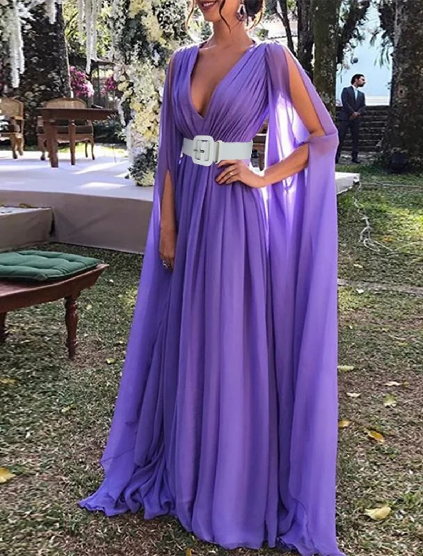 Women's High-Neck DressesA-Line Wedding Guest Dresses Maxi Dress Wedding Party Dress Black Tie Floor Length Long Sleeve V Neck Fall Wedding Guest Chiffon with Belt