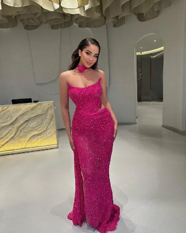 Women's V-Back DressesPurple Mermaid Evening Dress Sequined Shiny Prom Gowns With Draped Robe De Soiree Graduation Party Dress 2024