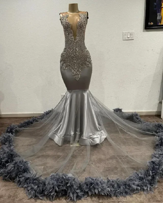 Women's Pencil DressesIvy Silver Diamond Mermaid Evening Birthday Gala Dresses for Black Girl Sparkly Feather Crystal Prom Ceremony Party Foraml Dress