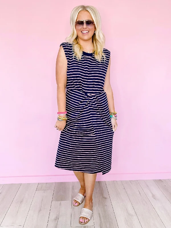 Women's Empire Waist DressesKNOT YOU AVERAGE STRIPE MIDI DRESS - NAVY