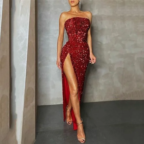 Women's Bell-Sleeve DressesWomen's Christmas Party Dress Sequin Dress Maxi long Dress Red Sleeveless Lace Prom Dresses      S1589